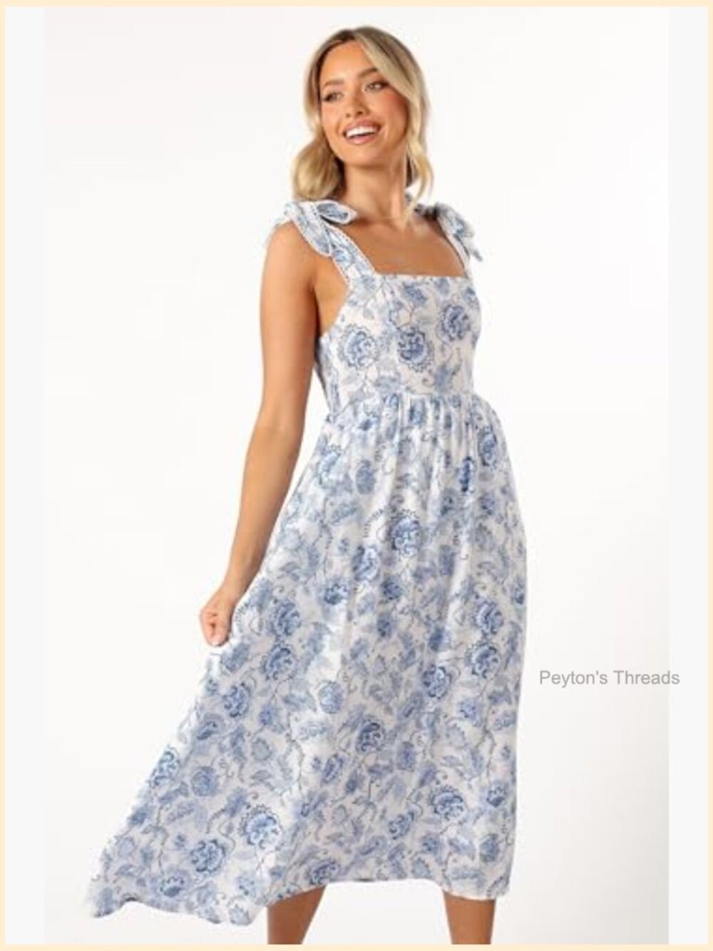 Women's Casual Midi Dress with Adjustable Straps, Square Neckline, Shirred - Picture 5 of 5